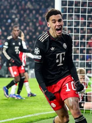 EINDHOVEN - Jamal Musiala of FC Bayern Munich celebrates the 0-1 goal during the UEFA Champions League match between PSV Eindhoven and FC Bayern Munich at the Phillips Stadium on January 28, 2026, in Eindhoven, Netherlands. BART STOUTJESDIJK ANP UEFA Champions League 2025-2026 xVIxANPxSportx xxANPxIVx 548926517 originalFilename: 548926517.jpg