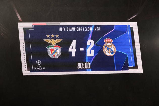 FBL UEFA Champions League 2025 26 SL Benfica Real Madrid scoreboard SL Benfica 4 Real Madrid 2 UEFA Champions League 2025 26 League Phase MD8 match between Sport Lisboa e Benfica and Real Madrid at Estadio da Luz on Wednesday 28 January 2026 in Lisbon, Portugal Copyright: JoaquimxFerreira