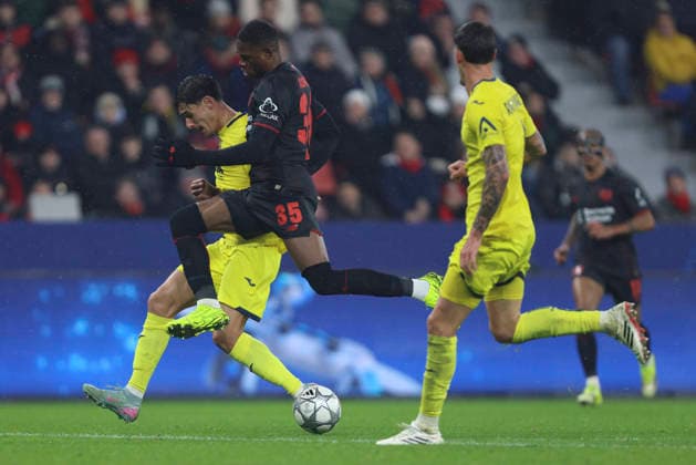 Sergi Cardona Villarreal CF and Christian Kofane Bayer 04 Leverkusen battle for the ball during the UEFA Champions League 2025 26 League Phase MD8 match between Bayer 04 Leverkusen and Villarreal CF at BayArena on January 28, 2026 in Leverkusen, Germany Photo by Oliver Kaelke DeFodi Images