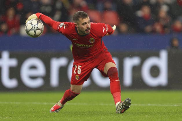 Goalkeeper Arnau Tenas Villarreal CF controls the ball during the UEFA Champions League 2025 26 League Phase MD8 match between Bayer 04 Leverkusen and Villarreal CF at BayArena on January 28, 2026 in Leverkusen, Germany Photo by Oliver Kaelke DeFodi Images