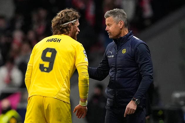 ATLETICO DE MADRID v FK BODO GLIMT. CHAMPIONS LEAGUE 2025 2026. ROUND 8 MATCH. FK Bodo Glimt s coach Kjetil Knutsen with Kasper Hogh during Champions League 2025 2026, Round 8 match. January 28 ,2026. (ALTERPHOTOS Acero) MadridSpain  Copyright: xAcerox