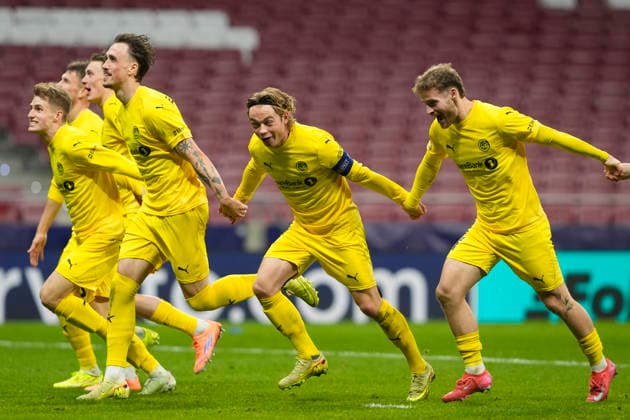 ATLETICO DE MADRID v FK BODO GLIMT. CHAMPIONS LEAGUE 2025 2026. ROUND 8 MATCH. FK Bodo Glimt s Fredrik Sjovold, Ole Didrik Blomberg, Patrick Berg and Ole Didrik Blomberg celebrate the victory in Champions League 2025 2026, Round 8 match. January 28 ,2026. (ALTERPHOTOS Acero) MadridSpain  Copyright: xAcerox