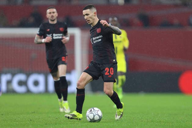 Alejandro Grimaldo Bayer 04 Leverkusen controls the ball during the UEFA Champions League 2025 26 League Phase MD8 match between Bayer 04 Leverkusen and Villarreal CF at BayArena on January 28, 2026 in Leverkusen, Germany Photo by Oliver Kaelke DeFodi Images