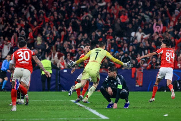 Estadio da Luz Anatoliy Trubin of SL Benfica celebrates after scoring the team s fourth goal during the UEFA Champions League 2025 26 League Phase MD8 match between SL Benfica and Real Madrid C.F. at on January 28, 2026 in Lisbon, Portugal. UEFA Champions League 2025 26 League Phase MD8 - SL Benfica vs Rea Madrid CF (Valter Gouveia SPP)  Copyright: xValterxGouveia SPPx spp-en-VaGo-VG_L6895
