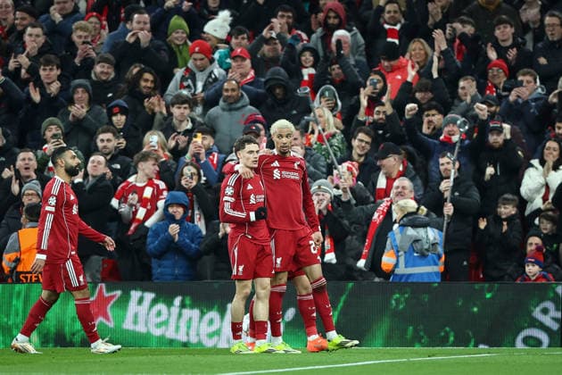 . - Liverpool v Qarabag FK, UEFA Champions League, League Phase, Anfield Stadium, Liverpool, England. - 28th January 2026. (C) Ian Stephen Crystal Pix GOAL 2-0, Florian Wirtz of Liverpool goal celebration with Hugo Ekitike of Liverpool after scoring a goal to put Liverpool 2-0 ahead against Qarabag FK. - Liverpool v Qarabag FK, UEFA Champions League, League Phase, Anfield Stadium, Liverpool, England. - 28th January 2026. (C) Ian Stephen Crystal Pix Copyright: xIanxStephenx CP_Liverpool_Qarabag_Ian_Stephen_280126_CP55