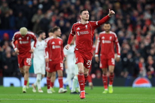 28th January 2026; Anfield, Liverpool, Merseyside, England; UEFA Champions League Football, Liverpool versus Qarabag; Andy Robertson of Liverpool gives a thumbs up  DavidxBlunsden