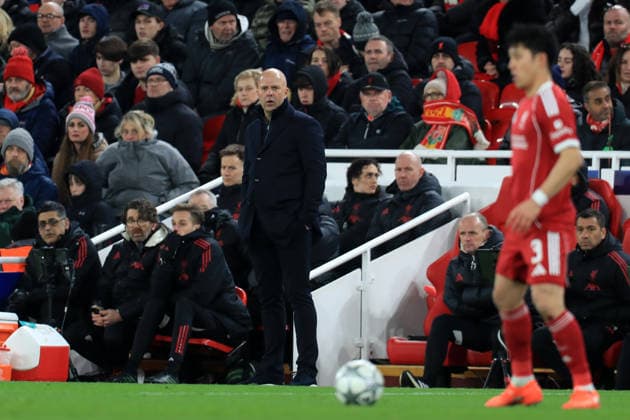 28th January 2026; Anfield, Liverpool, Merseyside, England; UEFA Champions League Football, Liverpool versus Qarabag; Liverpool manager Arne Slot follows the action from the touchline  DavidxBlunsden