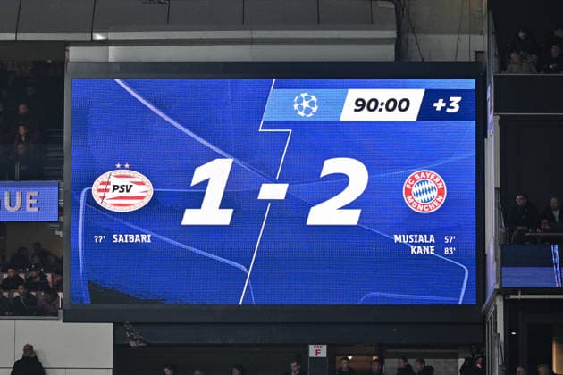 UEFA Champions League PSV Eindhoven FC Bayern Munich 28 01 2026 EINDHOVEN, NETHERLANDS 28 JANUARY in the picture the scoreboard with the final score in Eindhoven during the match between PSV Eindhoven and FC Bayern Munich on matchday 8 of the UEFA Champions League group stage at Philips Stadion symbolic image Copyright: xBEAUTIFULxSPORTS Goldbergx