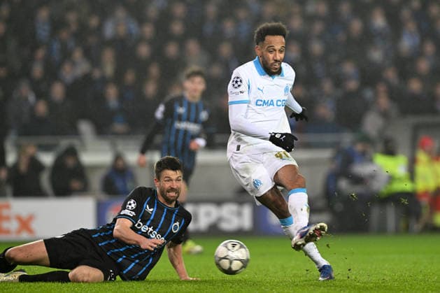 260127 Club Brugge vs Marseille Brandon Mechele (44) of Club Brugge defending on Pierre-Emerick Aubameyang (97) of Marseille during the Uefa Champions League 8th matchday in the League phase game in season 2025 - 2026 between Club Brugge KV and Olympique de Marseille on January 28 , 2026 in Brugge, Belgium. (Photo by David Catry Isosport) Brugge Belgium  Copyright: xDavidxCatryx 20260128DC2_0022