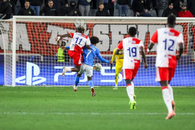 UEFA CL : Pafos vs Slavia Praha YOUSSOUPHA SANYANG of Slavia Praha and BRUNO of Pafos compete for the ball. Pafos plays against Slavia Praha for the League Phase of the UEFA Champions League in Limassol stadium, Limassol, Cyprus, on Jan. 28, 2026. Limassol Cyprus Copyright: xKOSTASxPIKOULASx