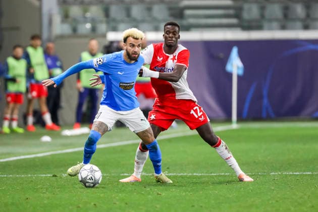 UEFA CL : Pafos vs Slavia Praha JAJA of Pafos and YOUSSOUPHA MBODJI of Slavia Praha compete for the ball. Pafos plays against Slavia Praha for the League Phase of the UEFA Champions League in Limassol stadium, Limassol, Cyprus, on Jan. 28, 2026. Limassol Cyprus Copyright: xKOSTASxPIKOULASx