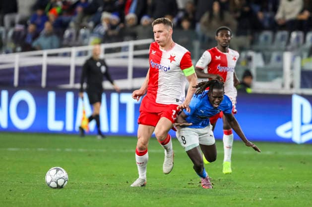 UEFA CL : Pafos vs Slavia Praha LUKAS PROVOD of Slavia Praha and QUINA of Pafos compete for the ball. Pafos plays against Slavia Praha for the League Phase of the UEFA Champions League in Limassol stadium, Limassol, Cyprus, on Jan. 28, 2026. Limassol Cyprus Copyright: xKOSTASxPIKOULASx