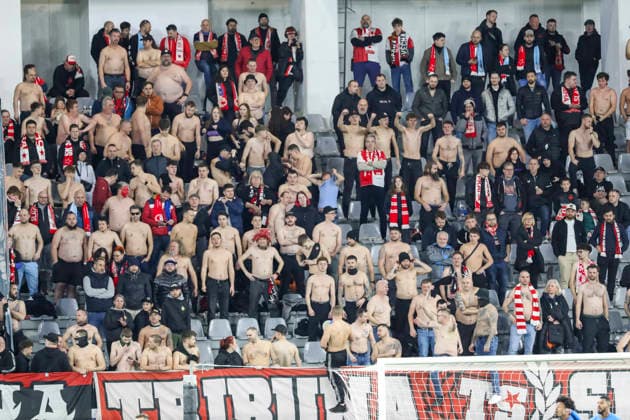 UEFA CL : Pafos vs Slavia Praha Slavia Praha fans are seen half naked during the game. Pafos plays against Slavia Praha for the League Phase of the UEFA Champions League in Limassol stadium, Limassol, Cyprus, on Jan. 28, 2026. Limassol Cyprus Copyright: xKOSTASxPIKOULASx