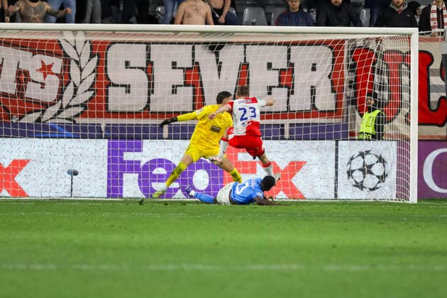 UEFA CL : Pafos vs Slavia Praha MICHAL SADILEK of Slavia Praha and DERRICK LUCKASSEN of Pafos compete for the ball. Pafos plays against Slavia Praha for the League Phase of the UEFA Champions League in Limassol stadium, Limassol, Cyprus, on Jan. 28, 2026. Limassol Cyprus Copyright: xKOSTASxPIKOULASx