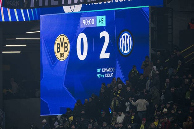 DORTMUND, GERMANY - JANUARY 28: Final result screen 0:2 after the UEFA Champions League match between Borussia Dortmund vs. FC Internazionale Milano at Signal Iduna Park on matchday 8 of the UEFA Champions League on January 28, 2026 in Dortmund, Germany. North Rhine Westphalia Germany Copyright: xSteffiexWunderlx