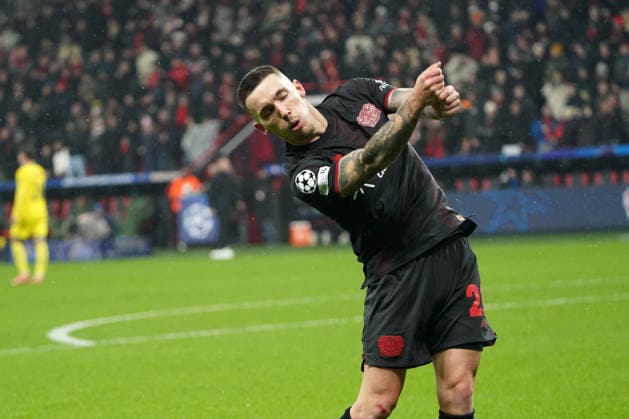 Football, UEFA Champions League 2025 2026, Bayer 04 Leverkusen vs FC Villarreal 28 01 2026 Bayarena Leverkusen, Alejandro Grimldo Bayer 04 Leverkusen action, single image,