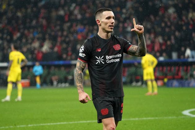 Soccer, UEFA Champions League 2025 2026, Bayer 04 Leverkusen vs FC Villarreal 28 01 2026 Bayarena Leverkusen, Alejandro Grimaldo Bayer 04 Leverkusen goal celebration, action, single picture,