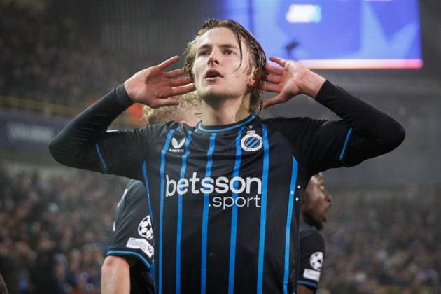 Club s Romeo Vermant celebrates after scoring during a soccer game between Belgian Club Brugge and French Olympique de Marseille, Wednesday 28 January 2026 in Brugge, on day eight of the League phase of the UEFA Champions League tournament. KURTxDESPLENTER  x159382507x
