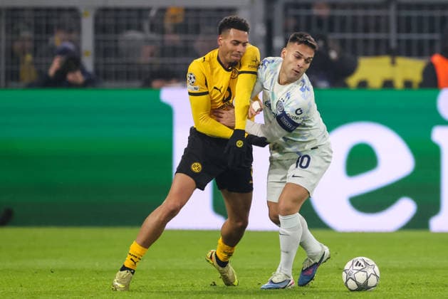 DORTMUND, GERMANY - JANUARY 28: Felix Nmecha of Borussia Dortmund and Lautaro Martinez of FC Internazionale battle for the ball during the UEFA Champions League 2025 26 League Phase MD8 match between Borussia Dortmund and FC Internazionale Milano at BVB Stadion Dortmund on January 28, 2026 in Dortmund, Germany. (Photo by Rene Nijhuis) SPO  Copyright: xRenexNijhuis