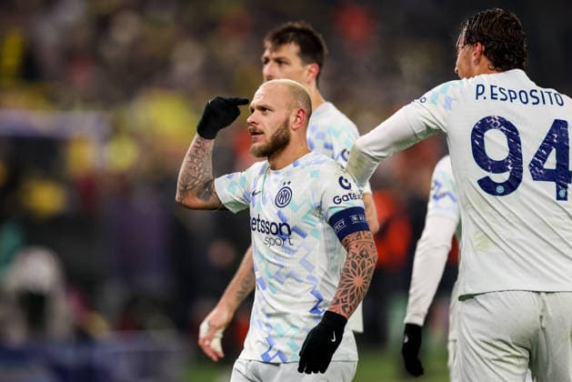 DORTMUND, GERMANY - JANUARY 28: Federico Dimarco of FC Internazionale celebrates after scoring his team s first goal during the UEFA Champions League 2025 26 League Phase MD8 match between Borussia Dortmund and FC Internazionale Milano at BVB Stadion Dortmund on January 28, 2026 in Dortmund, Germany. (Photo by Rene Nijhuis) SPO  Copyright: xRenexNijhuis
