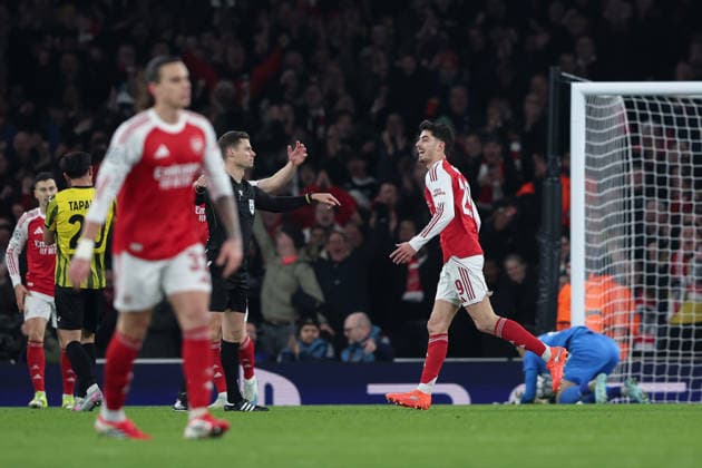 28th January 2026; Emirates Stadium, London, England; UEFA Champions League Football, Arsenal versus Kairat; Kai Havertz of Arsenal celebrates scoring his sides 2nd goal of the match in the 15th minute for 2-1 with his team  HenningxvonxJagow