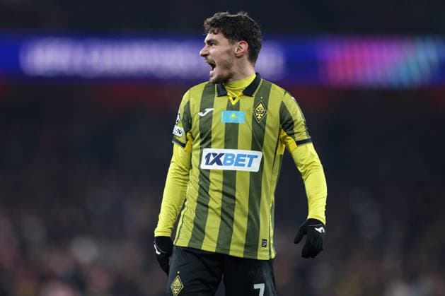 28th January 2026; Emirates Stadium, London, England; UEFA Champions League Football, Arsenal versus Kairat; Jorginho of FC Kairat Almaty shouts instruction to players  HenningxvonxJagow Content restricted for UK based newspaper