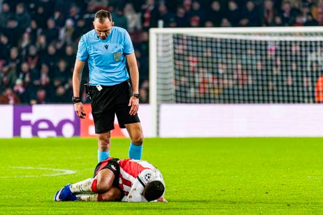 Ismael Saibari of PSV Eindhoven lies on the ground with an injury PSV Eindhoven v FC Bayern Munchen, UEFA Champions League 2025 26 League Phase MD8, PSV Eindhoven v FC Bayern Munchen, PSV Stadion, January 28, 2026, Eindhoven, Netherlands.