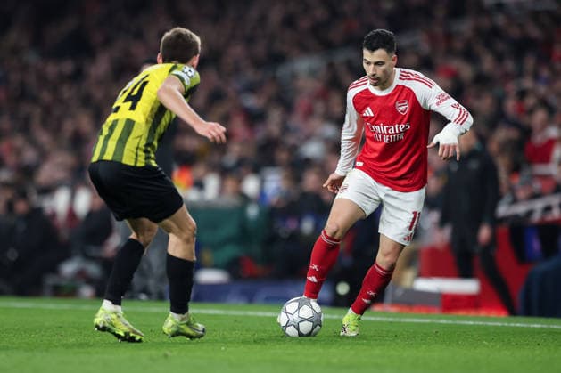 28th January 2026; Emirates Stadium, London, England; UEFA Champions League Football, Arsenal versus Kairat; Gabriel Martinelli of Arsenal takes on Ofri Arad of FC Kairat Almaty  HenningxvonxJagow Content restricted for UK based newspaper