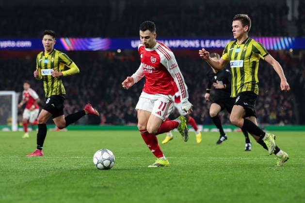 28th January 2026; Emirates Stadium, London, England; UEFA Champions League Football, Arsenal versus Kairat; Gabriel Martinelli of Arsenal on the ball  HenningxvonxJagow