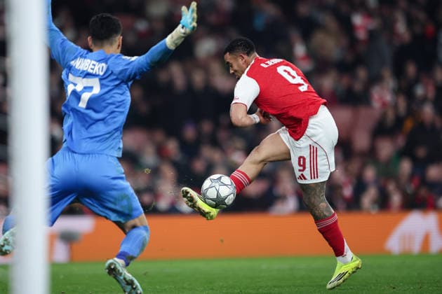 28th January 2026; Emirates Stadium, London, England; UEFA Champions League Football, Arsenal versus Kairat; Gabriel Jesus of Arsenal takes a shot on goal  HenningxvonxJagow Content restricted for UK based newspaper