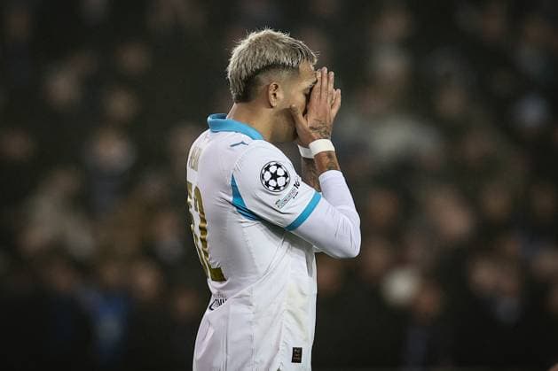 Marseille s Facundo Medina looks dejected during a soccer game between Belgian Club Brugge and French Olympique de Marseille, Wednesday 28 January 2026 in Brugge, on day eight of the League phase of the UEFA Champions League tournament. BRUNOxFAHY  x159398985x