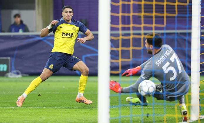 Union s Anan Khalaili scoring the 1-0 goal during a soccer game between Belgian Royale Union Saint-Gilloise and Italian Atalanta Bergamo, on Wednesday 28 January 2026 in Brussels, on the eight day of the League phase of the UEFA Champions League tournament. VIRGINIExLEFOUR  x159399272x