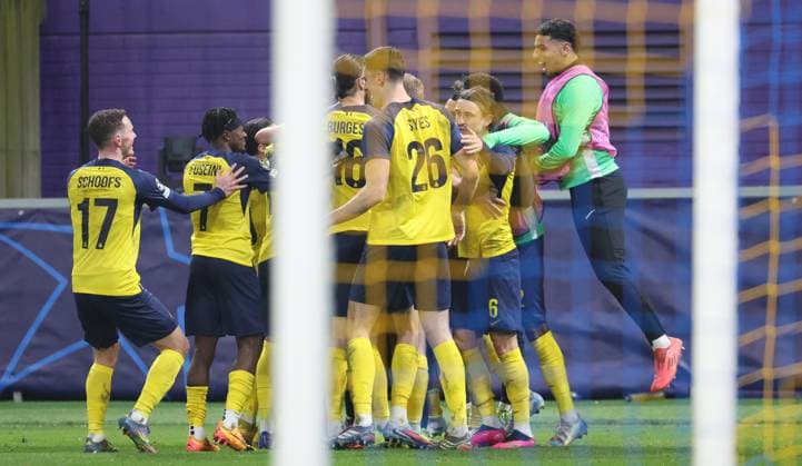 Union s Anan Khalaili celebrates after scoring during a soccer game between Belgian Royale Union Saint-Gilloise and Italian Atalanta Bergamo, on Wednesday 28 January 2026 in Brussels, on the eight day of the League phase of the UEFA Champions League tournament. VIRGINIExLEFOUR  x159399527x