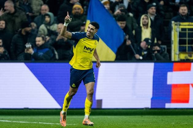Union s Anan Khalaili celebrates after scoring during a soccer game between Belgian Royale Union Saint-Gilloise and Italian Atalanta Bergamo, on Wednesday 28 January 2026 in Brussels, on the eight day of the League phase of the UEFA Champions League tournament. JASPERxJACOBS  x159399922x
