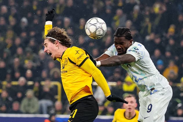 DORTMUND, GERMANY - JANUARY 28: Fabio Silva of Borussia Dortmund and Marcus Thuram of FC Internazionale compete for the headed ball during the UEFA Champions League 2025 26 League Phase MD8 match between Borussia Dortmund and FC Internazionale Milano at BVB Stadion Dortmund on January 28, 2026 in Dortmund, Germany. (Photo by Rene Nijhuis) SPO  Copyright: xRenexNijhuis