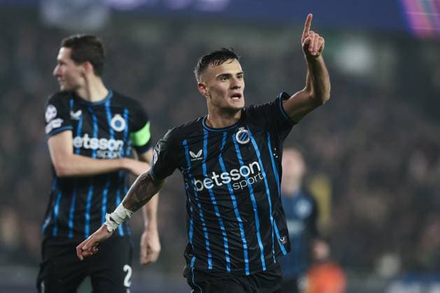 Club s Aleksandar Stankovic celebrates after scoring during a soccer game between Belgian Club Brugge and French Olympique de Marseille, Wednesday 28 January 2026 in Brugge, on day eight of the League phase of the UEFA Champions League tournament. BRUNOxFAHY  x159401677x