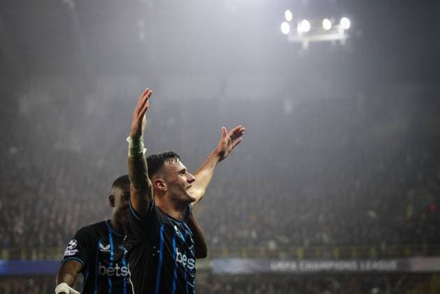 Club s Aleksandar Stankovic celebrates after scoring during a soccer game between Belgian Club Brugge and French Olympique de Marseille, Wednesday 28 January 2026 in Brugge, on day eight of the League phase of the UEFA Champions League tournament. BRUNOxFAHY  x159402718x