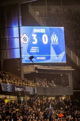 this picture shows a soccer game between Belgian Club Brugge and French Olympique de Marseille, Wednesday 28 January 2026 in Brugge, on day eight of the League phase of the UEFA Champions League tournament. KURTxDESPLENTER  x159404285x