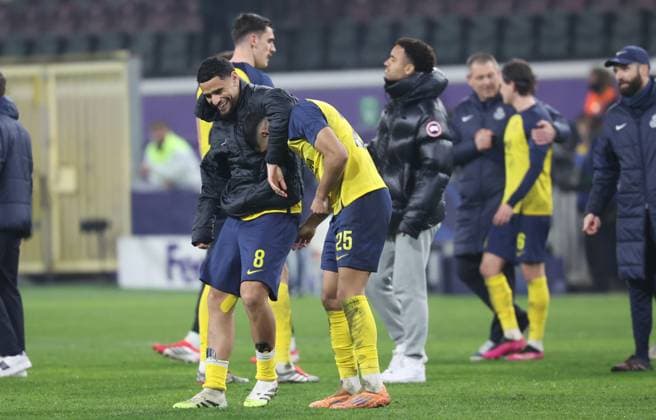Union s Adem Zorgane and Union s Anan Khalaili celebrate after winning a soccer game between Belgian Royale Union Saint-Gilloise and Italian Atalanta Bergamo, on Wednesday 28 January 2026 in Brussels, on the eight day of the League phase of the UEFA Champions League tournament. VIRGINIExLEFOUR  x159408105x