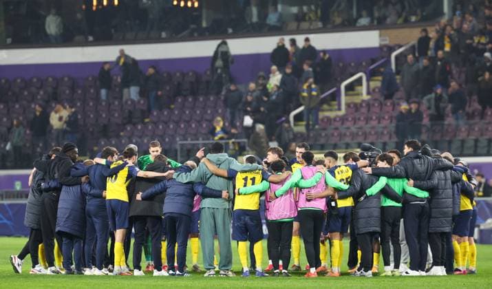 Union s players pictured after a soccer game between Belgian Royale Union Saint-Gilloise and Italian Atalanta Bergamo, on Wednesday 28 January 2026 in Brussels, on the eight day of the League phase of the UEFA Champions League tournament. VIRGINIExLEFOUR  x159408227x