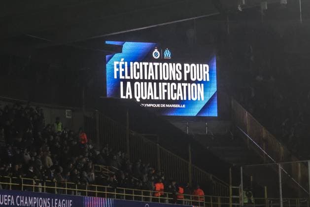 the scoreboard pictured after a soccer game between Belgian Club Brugge and French Olympique de Marseille, Wednesday 28 January 2026 in Brugge, on day eight of the League phase of the UEFA Champions League tournament. BRUNOxFAHY  x159408523x