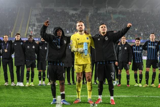 Club s players celebrate after winning a soccer game between Belgian Club Brugge and French Olympique de Marseille, Wednesday 28 January 2026 in Brugge, on day eight of the League phase of the UEFA Champions League tournament. BRUNOxFAHY  x159409313x