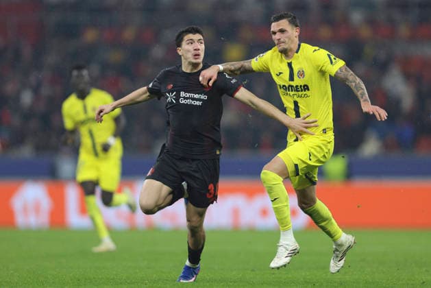 Ibrahim Maza Bayer 04 Leverkusen and Rafa Marin Villarreal CF battle for the ball during the UEFA Champions League 2025 26 League Phase MD8 match between Bayer 04 Leverkusen and Villarreal CF at BayArena on January 28, 2026 in Leverkusen, Germany Photo by Oliver Kaelke DeFodi Images
