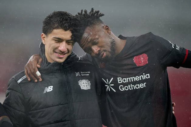 LEVERKUSEN, GERMANY - 1 JANUARY, 2023: Ibrahim Maza, Edmond Tapsoba - The UEFA Champions League football match between Bayer 04 Leverkusen vs Villareal FC at BayArena.  Copyright: xVitaliixKliuievx