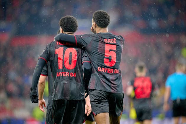 LEVERKUSEN, GERMANY - 1 JANUARY, 2023: Malik Tillman, Loic Bade - The UEFA Champions League football match between Bayer 04 Leverkusen vs Villareal FC at BayArena.  Copyright: xVitaliixKliuievx