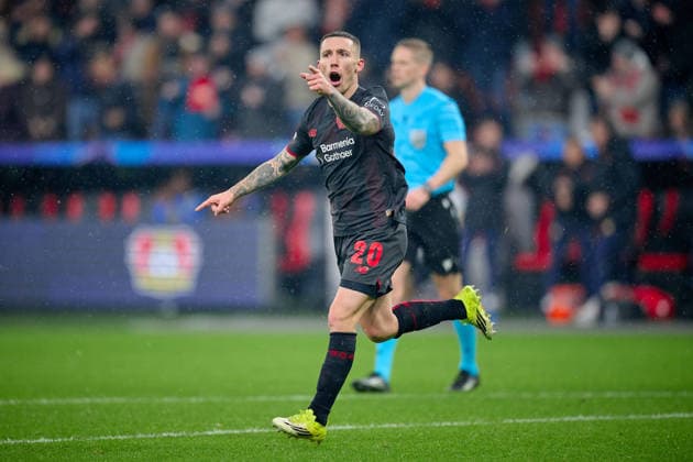 LEVERKUSEN, GERMANY - 1 JANUARY, 2023: Alejandro Grimaldo, goal - The UEFA Champions League football match between Bayer 04 Leverkusen vs Villareal FC at BayArena.  Copyright: xVitaliixKliuievx