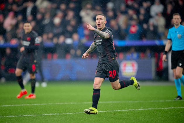 LEVERKUSEN, GERMANY - 1 JANUARY, 2023: Alejandro Grimaldo, goal - The UEFA Champions League football match between Bayer 04 Leverkusen vs Villareal FC at BayArena.  Copyright: xVitaliixKliuievx