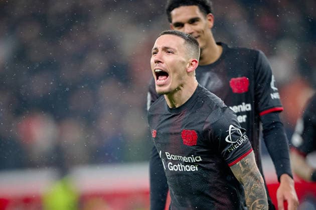 LEVERKUSEN, GERMANY - 1 JANUARY, 2023: Alejandro Grimaldo, goal - The UEFA Champions League football match between Bayer 04 Leverkusen vs Villareal FC at BayArena.  Copyright: xVitaliixKliuievx