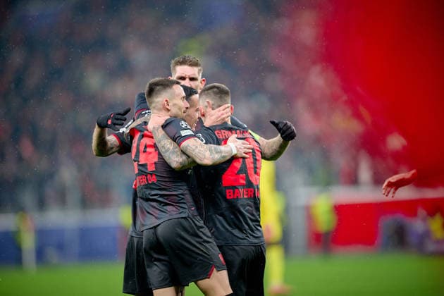 LEVERKUSEN, GERMANY - 1 JANUARY, 2023: Alejandro Grimaldo, goal, Aleix Garcia, Lucas Vazquez, Robert Andrich - The UEFA Champions League football match between Bayer 04 Leverkusen vs Villareal FC at BayArena.  Copyright: xVitaliixKliuievx