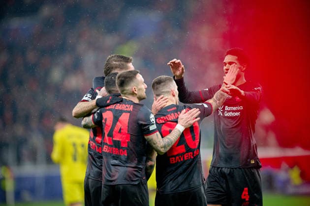 LEVERKUSEN, GERMANY - 1 JANUARY, 2023: Alejandro Grimaldo, goal, Aleix Garcia, Lucas Vazquez, Robert Andrich, Jarell Quansah - The UEFA Champions League football match between Bayer 04 Leverkusen vs Villareal FC at BayArena.  Copyright: xVitaliixKliuievx